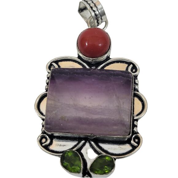 Handmade Silver Pendant with Banded Amethyst Jasper and Green Quartz Trio - Picture 1 of 10